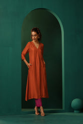 Truebrowns Rust Silk Angrakha Kurta Pant Set